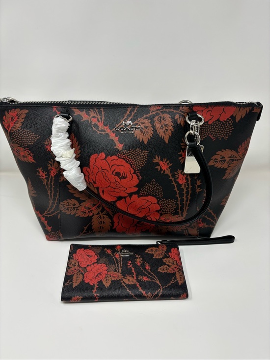 Coach Handbags - Coach Black Floral Tote with Red & Brown Accents and Wristlet